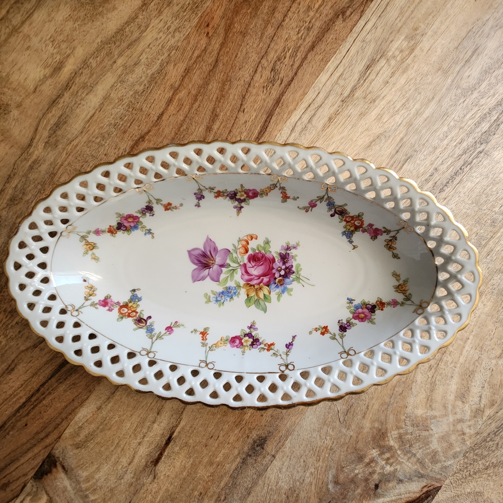 Antique Schumann Bavaria Reticulated Lattice Veggie Bowl With Flowers and Gold